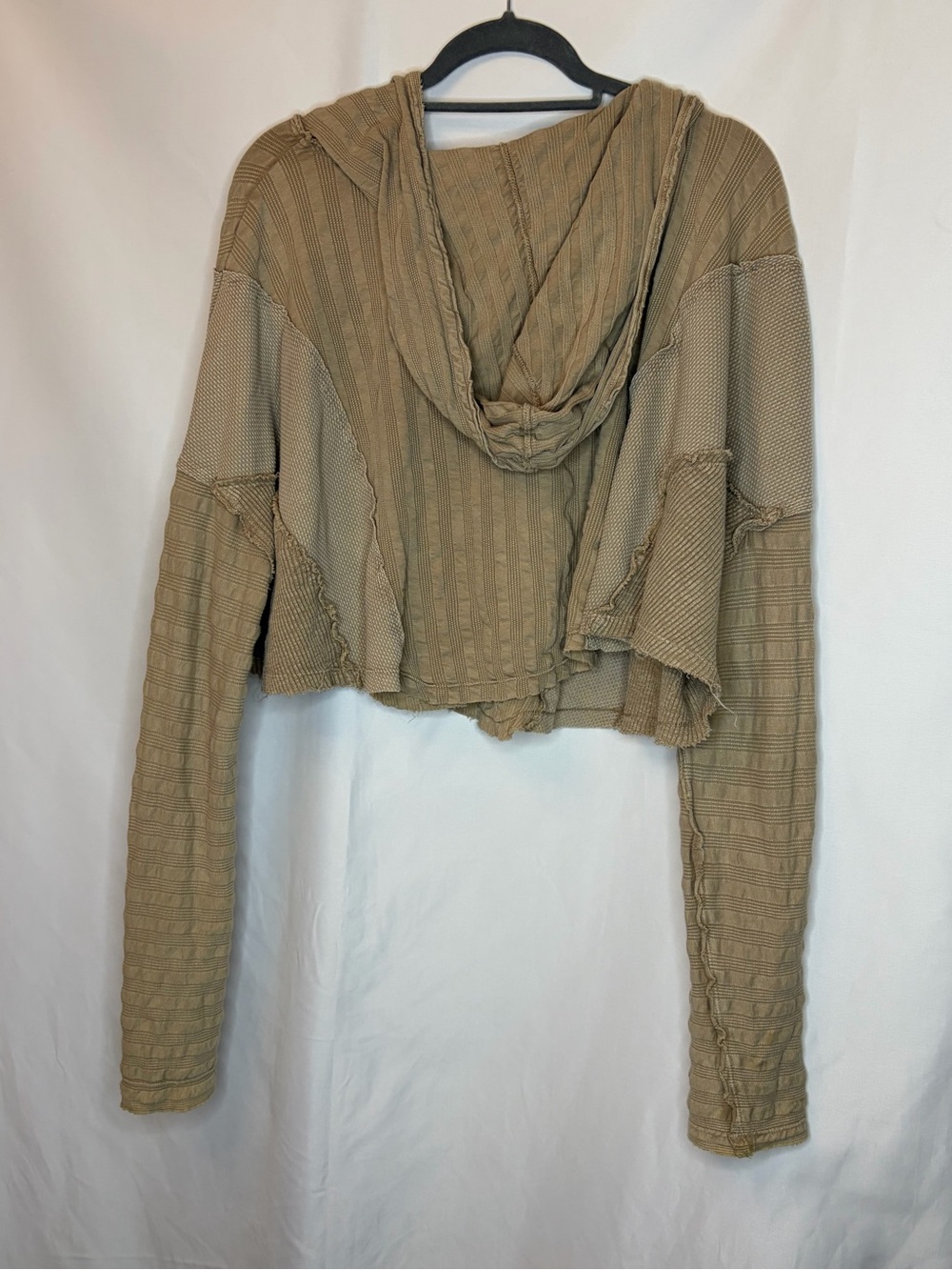 Free People We The Free Aries Hoodie Taupe Hooded Thermal Patchwork Cropped Top - Picture 8 of 11